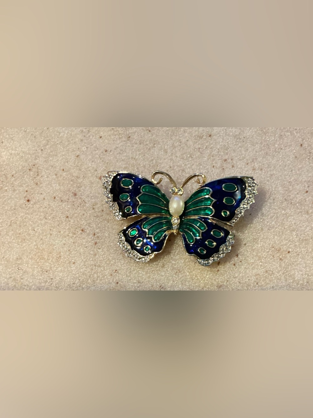Green and Blue Butterfly Brooch with Pearl Accent